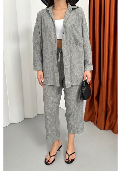 Kadın Alt Üst Takım Yazlık Keten Cep Detaylı Pantolon Gömlek Ikili Takım