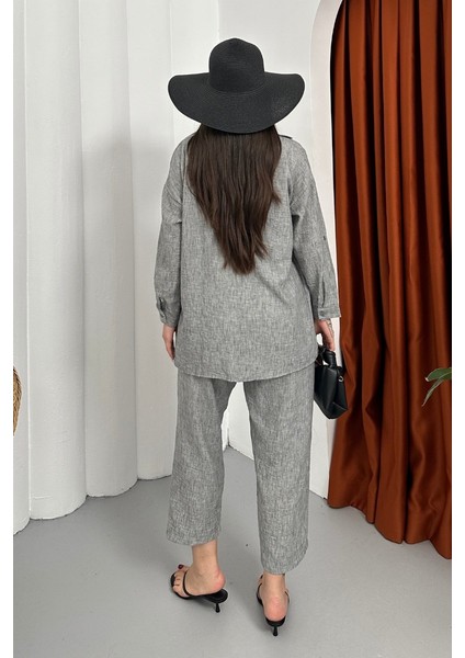 Kadın Alt Üst Takım Yazlık Keten Cep Detaylı Pantolon Gömlek Ikili Takım