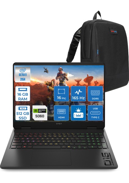 Omen Slim 16-AM0000NT Intel Core Ultra 9 285H 16GB Ddr5 512GB SSD RTX5060 8gb Gddr7 16 Inç Wuxga (1920X1200) 165Hz 400NITS 3ms IPS Freedos Taşınabilir Bilgisayar BQ3Z2EAF01 + Zetta Çanta