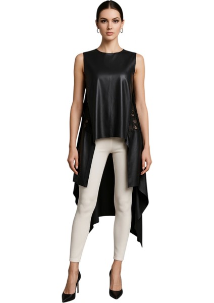 Zagata Asimetrik Dantel Detay Suni Deri Bluzan