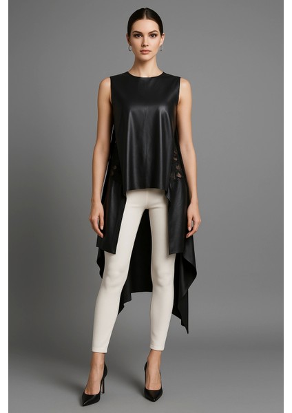 Zagata Asimetrik Dantel Detay Suni Deri Bluzan fiyatları