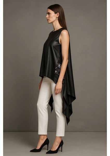 Zagata Asimetrik Dantel Detay Suni Deri Bluzan modelleri