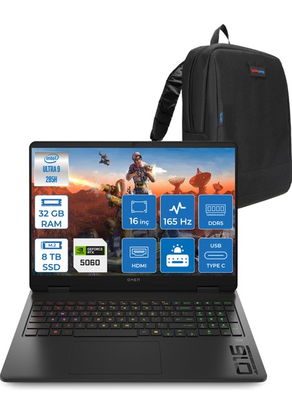 Omen Slim 16-AM0000NT Intel Core Ultra 9 285H 32GB Ddr5 8tb SSD RTX5060 8gb Gddr7 16 Inç Wuxga (1920X1200) 165Hz 400NITS 3ms IPS Freedos Taşınabilir Bilgisayar BQ3Z2EAF18 + Zetta Çanta