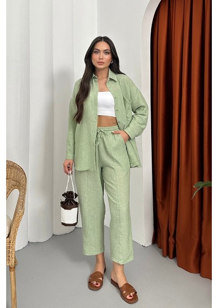 Kadın Alt Üst Takım Yazlık Keten Cep Detaylı Pantolon Gömlek Ikili Takım