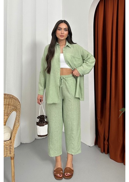 Kadın Alt Üst Takım Yazlık Keten Cep Detaylı Pantolon Gömlek Ikili Takım fiyatları