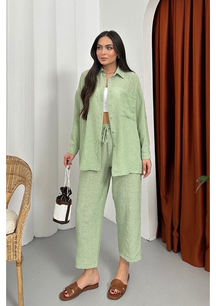 Kadın Alt Üst Takım Yazlık Keten Cep Detaylı Pantolon Gömlek Ikili Takım modelleri