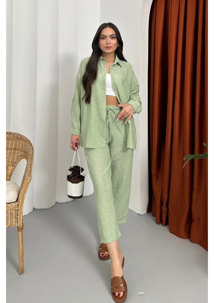 Kadın Alt Üst Takım Yazlık Keten Cep Detaylı Pantolon Gömlek Ikili Takım fırsatları