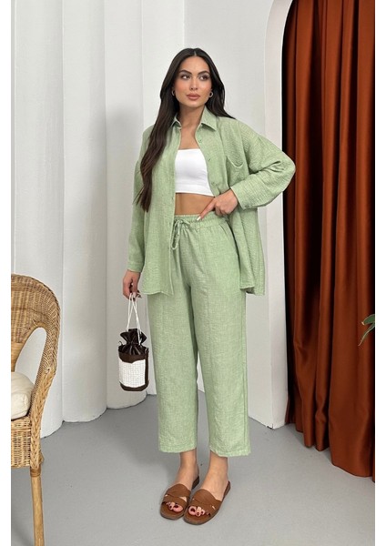 Kadın Alt Üst Takım Yazlık Keten Cep Detaylı Pantolon Gömlek Ikili Takım indirimleri