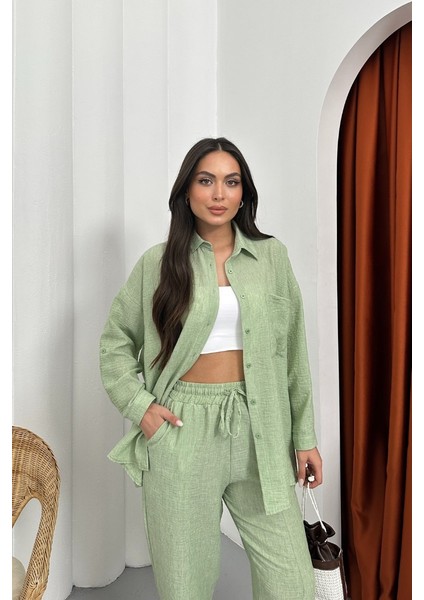 Kadın Alt Üst Takım Yazlık Keten Cep Detaylı Pantolon Gömlek Ikili Takım