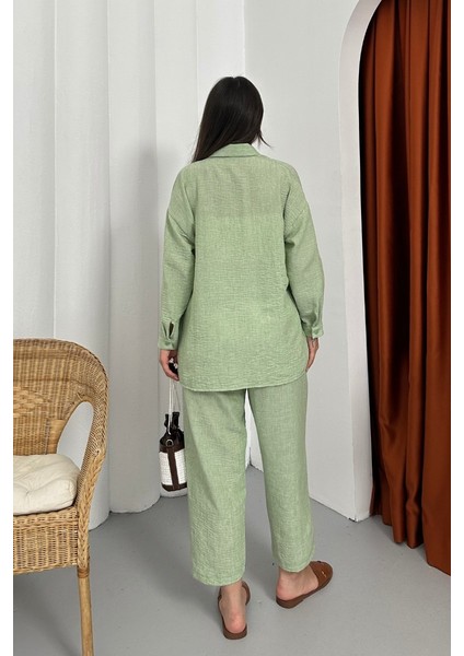 Kadın Alt Üst Takım Yazlık Keten Cep Detaylı Pantolon Gömlek Ikili Takım