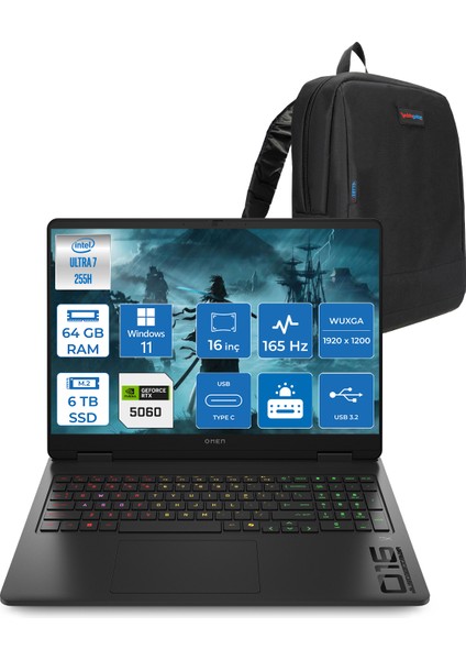 Omen 16-AM0018NT Intel Core Ultra 7 255H 64GB Ddr5 6tb SSD RTX5060 8gb Gddr7 16 Inç Wuxga (1920X1200) 165Hz 400NITS 3ms IPS Windows 11 Home Taşınabilir Bilgisayar BQ1Z1EAH35 + Zetta Çanta