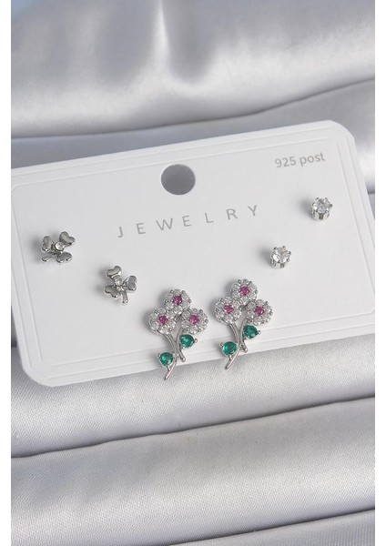 Pirinç Gümüş Renk Renkli Zirkon Taşlı Çiçek Model Yaprak Detay 925 Ayar Gümüş Çivi Kadın Küpe Seti - BKP10487 (491491)