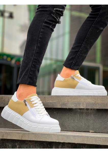 KB-X155 Kuback Beyaz Cilt Bej Süet Detaylı Beyaz Yüksek Taban Günlük Spor Ayakkabı