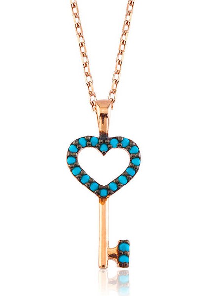 925 Ayar Gümüş Mavi Kalpli Anahtar Kadın Gümüş Kolye PT2610386 (491491)