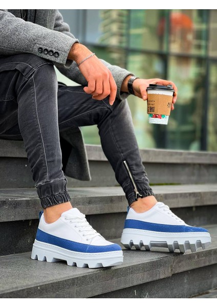 KB-056 Kuback Beyaz Mavi Detaylı Beyaz Yüksek Taban Günlük Spor Ayakkabı