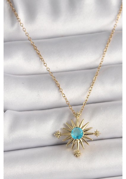316L Çelik Gold Renk Zincir Mavi Taş Detaylı Kuzey Yıldız Model Kadın Kolye