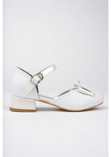 Kız Çocuk Beyaz Abiye Simli Kum Detaylı Fiyonklu Ayakkabı