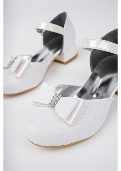 Kız Çocuk Beyaz Abiye Simli Kum Detaylı Fiyonklu Ayakkabı modelleri