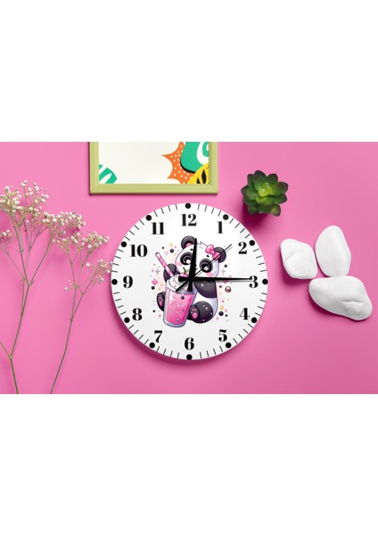 Kız Çocuk Odası Için Pembe Panda Tasarımlı Sessiz Duvar Saati