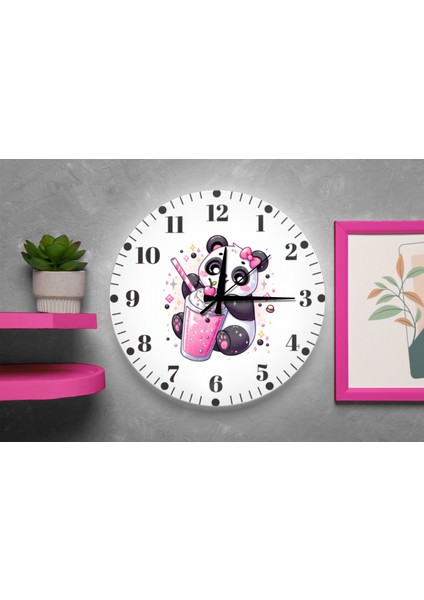 Kız Çocuk Odası Için Pembe Panda Tasarımlı Sessiz Duvar Saati fiyatları
