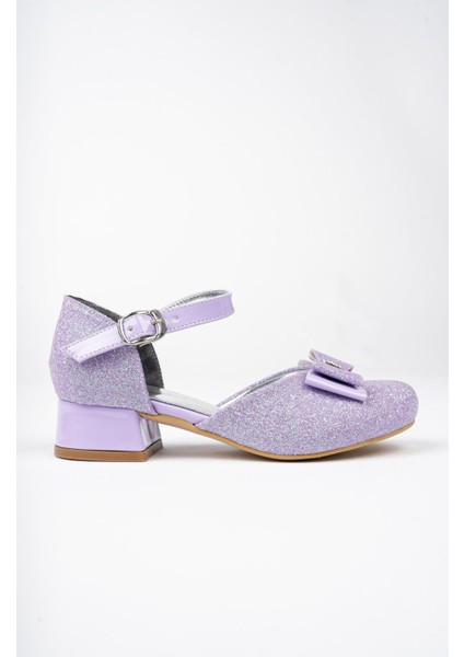 Kız Çocuk Mor Abiye Simli Kum Detaylı Fiyonklu Ayakkabı