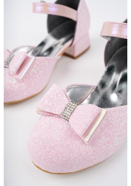 Kız Çocuk Pembe Abiye Simli Kum Detaylı Fiyonklu Ayakkabı modelleri