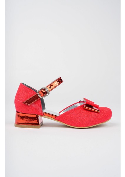 Kız Çocuk Gümüş Abiye Simli Kum Detaylı Fiyonklu Ayakkabı