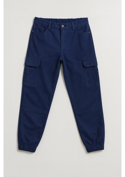 Kadın Kargo Cep Beli Lastikli Slim Fit Lacivert Jean Pantolon