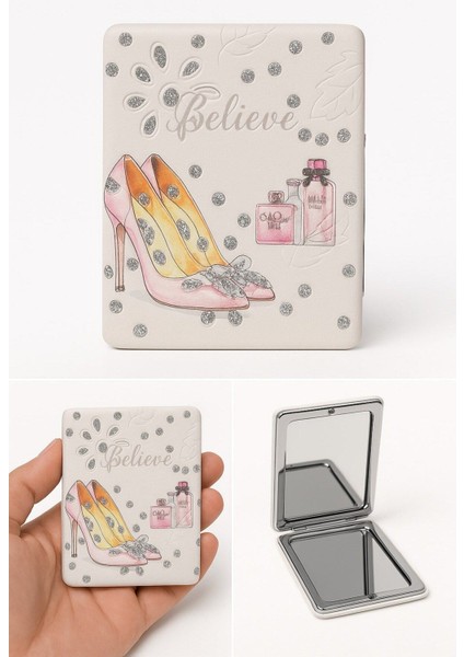 Tarzınıza Işıltı Katın Taşlı Kelebek Ayakkabı Motifli Moda Zarafet Şık Tasarımlı Cep Makyaj aynası