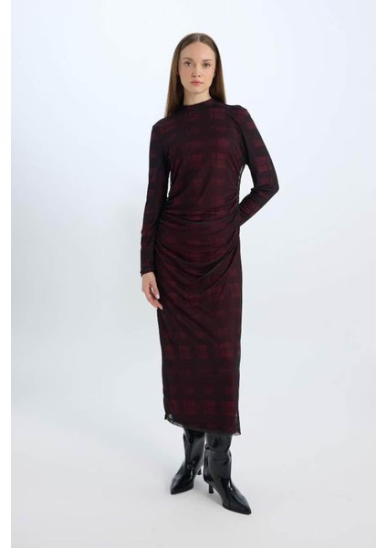 Regular Fit Yarım Balıkçı Yaka Desenli Maxi Tül Bordo Kadın Elbise E1959AX/BR115