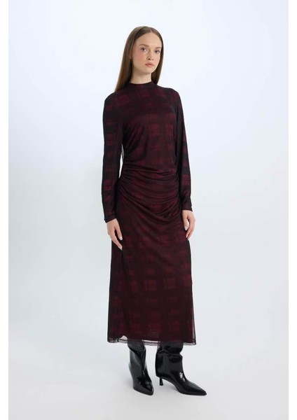 Regular Fit Yarım Balıkçı Yaka Desenli Maxi Tül Bordo Kadın Elbise E1959AX/BR115 fiyatları