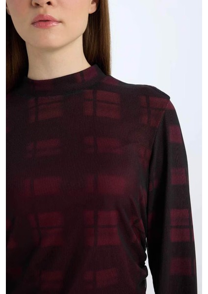 Regular Fit Yarım Balıkçı Yaka Desenli Maxi Tül Bordo Kadın Elbise E1959AX/BR115 indirimleri