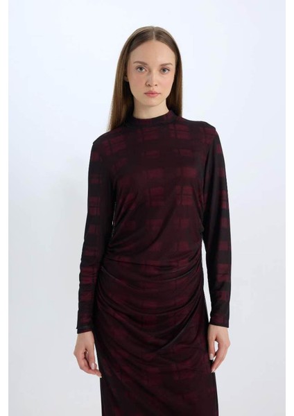 Regular Fit Yarım Balıkçı Yaka Desenli Maxi Tül Bordo Kadın Elbise E1959AX/BR115 modelleri