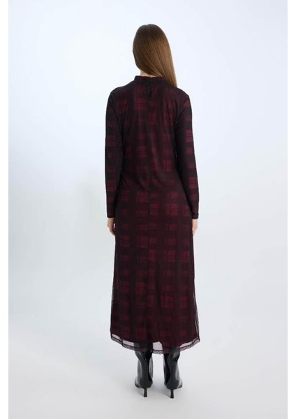 Regular Fit Yarım Balıkçı Yaka Desenli Maxi Tül Bordo Kadın Elbise E1959AX/BR115 fırsatları