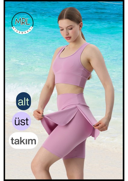 Kadın Lila Etekli Biker Şortlu Mayo Takım Göğüs Pedli Yüksek Bel Toparlayıcı Büyük Beden Uyumlu