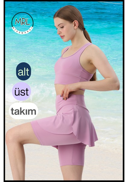 Kadın Lila Etekli Biker Şortlu Mayo Takım Göğüs Pedli Yüksek Bel Toparlayıcı Büyük Beden Uyumlu fiyatları