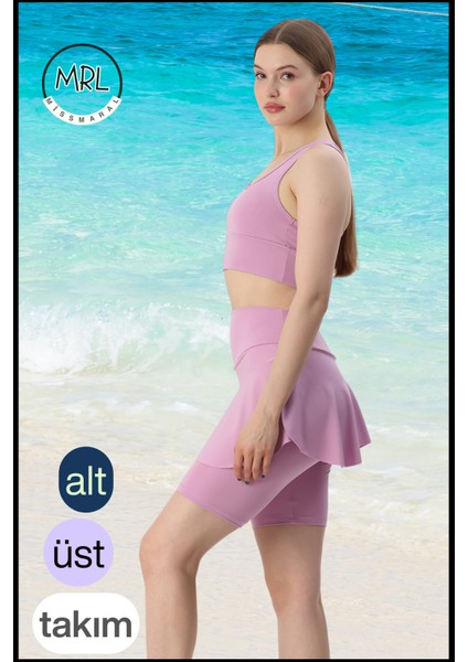 Kadın Lila Etekli Biker Şortlu Mayo Takım Göğüs Pedli Yüksek Bel Toparlayıcı Büyük Beden Uyumlu modelleri