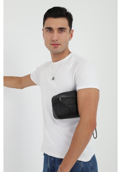 Erkek Siyah El ve Bileklik Kemerli Portföy El Çantası