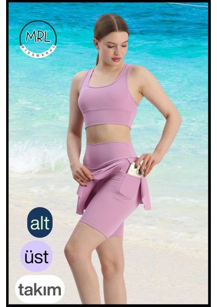 Kadın Lila Etekli Biker Şortlu Mayo Takım Göğüs Pedli Yüksek Bel Toparlayıcı Büyük Beden Uyumlu fırsatları