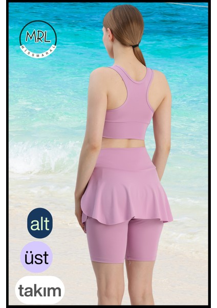 Kadın Lila Etekli Biker Şortlu Mayo Takım Göğüs Pedli Yüksek Bel Toparlayıcı Büyük Beden Uyumlu indirimleri