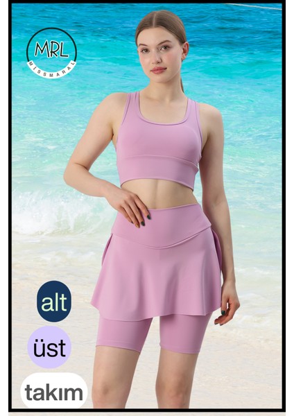 Kadın Lila Etekli Biker Şortlu Mayo Takım Göğüs Pedli Yüksek Bel Toparlayıcı Büyük Beden Uyumlu