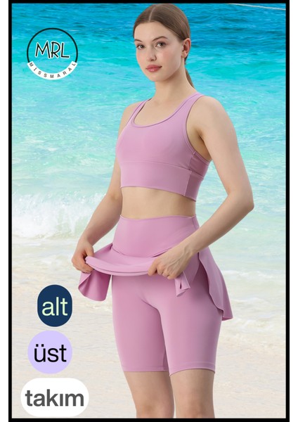 Kadın Lila Etekli Biker Şortlu Mayo Takım Göğüs Pedli Yüksek Bel Toparlayıcı Büyük Beden Uyumlu