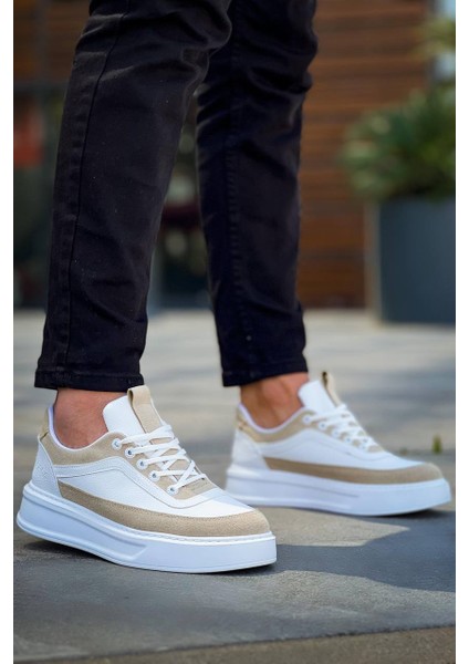 KB-006 Beyaz Cilt Bej Süet Yüksek Taban Bağcıklı Günlük Erkek Ayakkabı