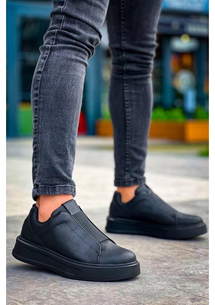 KB-007 Siyah Siyah Yüksek Taban Tek Bant Bağcıksız Günlük Erkek Ayakkabı