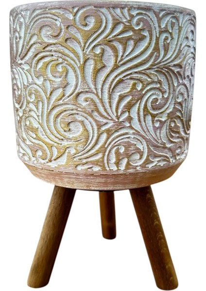 Ev Dekorasyon Gold Çiçek Desenli Beton Saksı Ayaklı Çiçeklik Saksılık