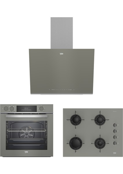 Buhar Destekli Manhattan Gri 3’lü Ankastre Set (Bfc 432 G Fırın + Bocd T6510 Eg Ocak + Bde 6041G Davlumbaz)