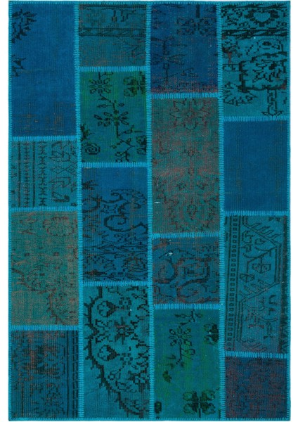 Iskece Turkuaz Eskitme Etnik Modern Desenli Yün Hav Toz Vermez Leke Tutmayan Salon Yolluk Mutfak El Dokuma Halı