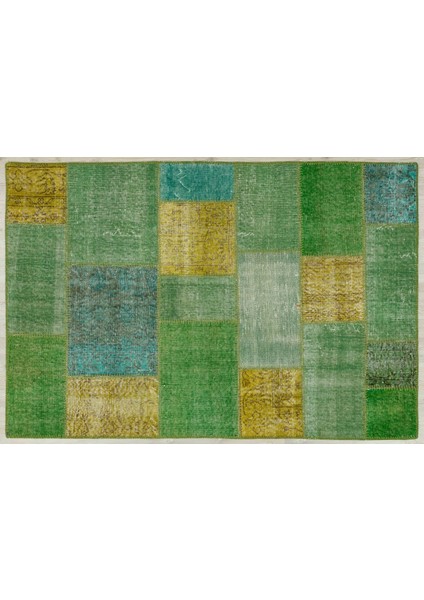 Yeşil Patchwork Etnik Modern Desenli Yün Hav Toz Vermez Leke Tutmayan Salon Yolluk Mutfak El Dokuma Halı