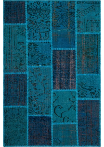 Iskece Turkuaz Eskitme Etnik Modern Desenli Yün Hav Toz Vermez Leke Tutmayan Salon Yolluk Mutfak El Dokuma Halı