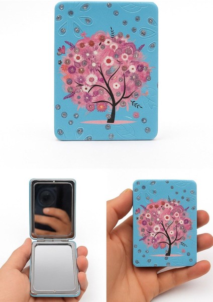 Işıltılı Yapraklar Sonbahar Sevgi Ağacı Temalı Katlanabilir büyüteçli Mini Cep Makyaj Aynası Mavi